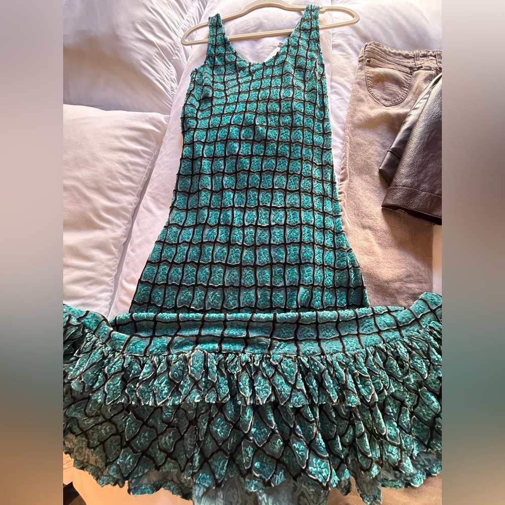 TRELISE COOPER Teal jacquard Maxi Dress with layered ruffles